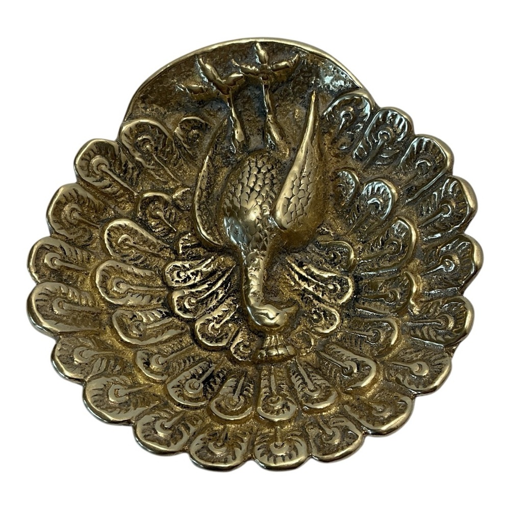 Brass Peacock Trinket Dish Scalloped Edge Embossed Raised 3D Feather Plume VTG - Picture 8 of 16